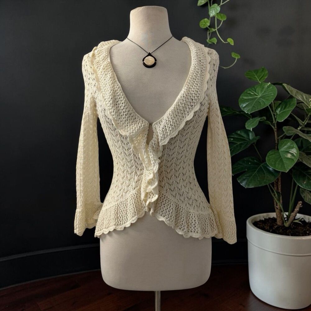 VTG Pointelle Cream Linen Cotton Crochet Knit Ruffle Shrug Cardigan Top Small